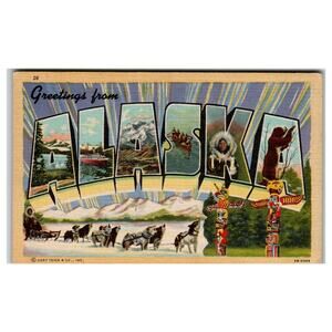 Greetings from ALASKA Linen Postcard Dog Sled Totem Poles Curt Teich 2B-H309